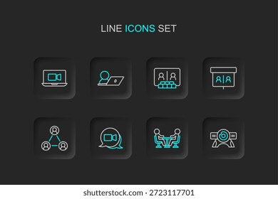 Definir a linha Web camera, Meeting (Webcam), Video chat conference (Conferência de chat com vídeo) e icon (ícone). Vetor