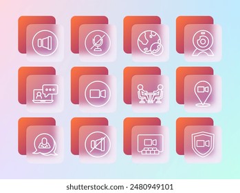 Set line Web camera, Mute microphone, Meeting, Video chat conference, Speaker volume and  icon. Vector