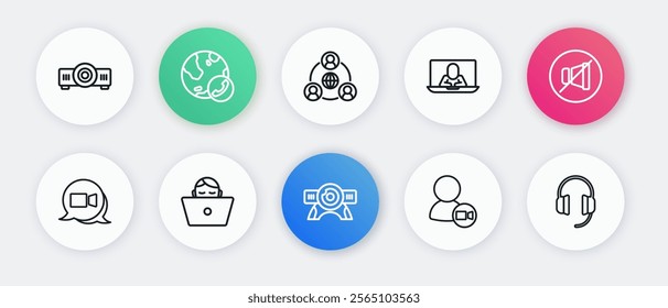 Set line Web camera, Mute microphone, Video chat conference, Meeting, Headphones and Freelancer icon. Vector