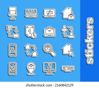 Set line Web camera, Online working, Project team base, Video Off on laptop, Time management, Office chair and  icon. Vector