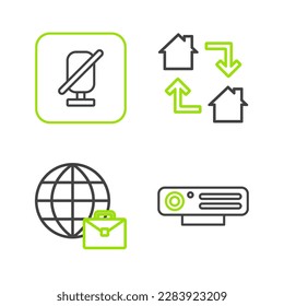 Set line Web camera, Online working,  and Mute microphone icon. Vector