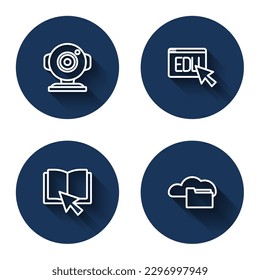 Set line Web camera, Online education, book and Cloud or online library with long shadow. Blue circle button. Vector