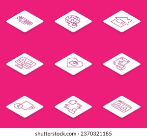 Set line Web camera, Online working, Video Off home, chat conference, Heart with text, Time management,  and  icon. Vector