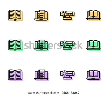 Set line Web camera, Open book, Online quiz, test, survey and class icon. Vector