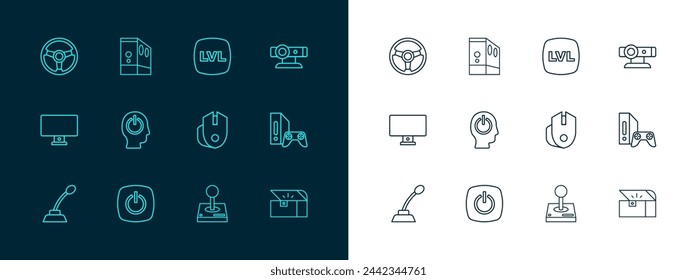 Set line Web camera, Power button, Computer mouse, Joystick for arcade machine, Level game, Racing simulator and Case of computer icon. Vector
