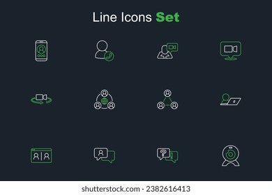 Set line Web camera, Question and Answer, Speech bubble chat, Video conference, Meeting,  and 360 degree view icon. Vector