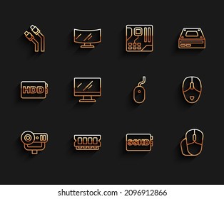 Set line Web camera, RAM, random access memory, LAN cable network internet, SSHD card, Computer mouse, monitor screen,  and  icon. Vector