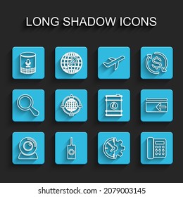 Set line Web camera, Remote control, Voice assistant, Clock and gear, Telephone, Outsourcing concept, Cash back and Barrel oil icon. Vector