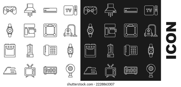 Set line Web camera, Smart watch showing heart beat rate, Vacuum cleaner, Air conditioner, Coffee machine with glass pot, Gamepad and Bathroom scales icon. Vector