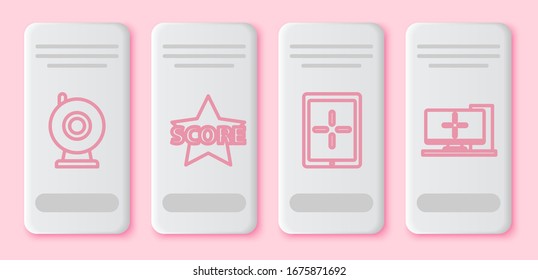 Set line Web camera, Star, Tablet and Computer monitor. White rectangle button. Vector
