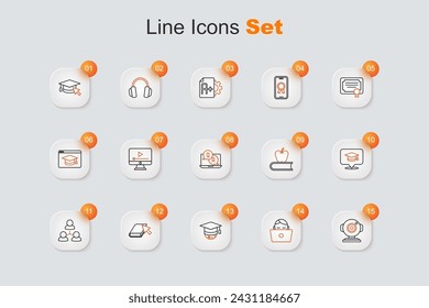 Set line Web camera, Student working at laptop, Graduation cap on globe, Online book, class, speech bubble, Book with apple and Question and Answer icon. Vector