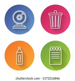 Set line Web camera, Trash can, Marker pen and Notebook. Color circle button. Vector