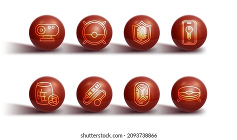 Set line Web camera, Voice assistant, Smart key, Fingerprint, Electric extension cord, Robot vacuum cleaner,  and  icon. Vector