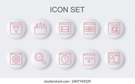 Set line Web developer programming code, Browser setting, Website and mail, Search engine, window, Magnifying glass with check mark and  icon. Vector