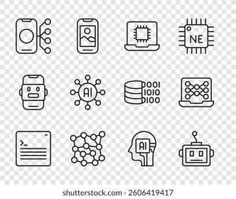Set line Web developer programming code, Artificial intelligence robot, Processor CPU, Neural network, Humanoid and  icon. Vector - Powered by Shutterstock - Get 15% off with code: PIKWIZARD15