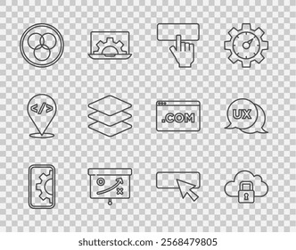 Set line Web development, Cloud computing lock, Keyboard, Planning strategy concept, RGB and CMYK color mixing, Layers, UI UX design and  icon. Vector