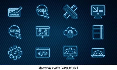 Set line Web development, Sketchbook or album, Crossed ruler and pencil, Planning strategy concept, UI UX design, Cloud computing lock and graphic icon. Vector