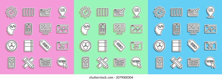 Set line Web and graphic design, Website template, statistic, UI or UX, Mobile Apps, Front end development,  and  icon. Vector