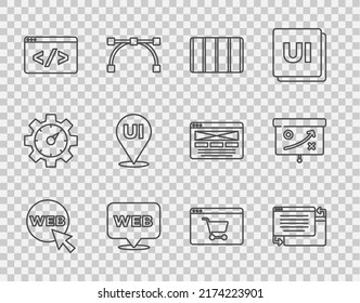 Set line Web and graphic design, UI or UX, Color palette guide, Front end development, Online shopping screen and Planning strategy concept icon. Vector