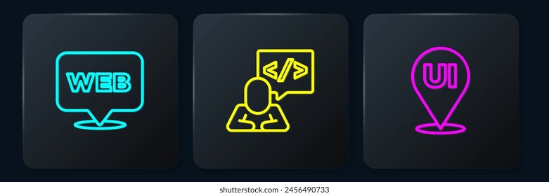 Establecer el Web y el Diseño gráfico de la línea, la interfaz de usuario o UX y el desarrollo front-end. Botón cuadrado negro. Vector