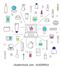 Set of Line Web Icons of Online Shopping. Abstract Concept for Online Store. Decorative Cosmetics and Make Up Linear Icons Set. Flat vector. 