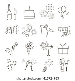 Set of Line Web Icons of Party, Celebration, Birthday and Holidays. Vector celebrate  linear icons and design elements.