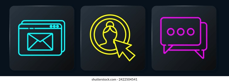 Set line Website and envelope, Speech bubble chat and Create account screen. Black square button. Vector