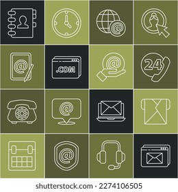 Set line Website and envelope, Envelope, Telephone 24 hours support, Earth globe with mail, template, Mail e-mail, Address book and in hand icon. Vector