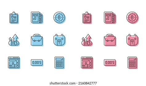 Establecer sitio web de línea con gráfico de crecimiento, coste cero, informe de finanzas empresariales, Calculadora, Maletín, mercado de osos, icono de noticias financieras y de monedas y acciones. Vector