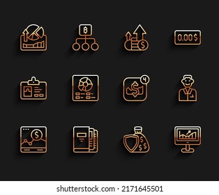 Set line Website with growth graph, Office folders, Stocks market graphs, Shield and money bag, Computer, Pie chart infographic, Trader and Mobile stock trading icon. Vector