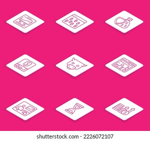 Establecer sitio web de línea con gráfico de crecimiento, Bitcoin en navegador, Blindaje y bolsa de dinero, libro financiero, mercado de toros, cursos de negociación e icono de vidrio de hormigón antiguo. Vector