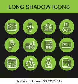 Set line Website with growth graph, Shield and money bag, Stacks paper cash, Trader, Office folders, Financial dollar, Sell button and Calculator icon. Vector