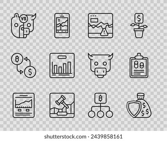 Set line Website with growth graph, Failure stocks market, Online internet auction, Bull bear of, Pie chart infographic, Blockchain technology Bitcoin and Business finance report icon. Vector