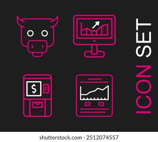 Set line Website with growth graph, ATM and money, Computer and Bull market icon. Vector