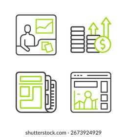 Definir linha Site com gráfico de crescimento, Notícias do mercado de ações, Financeiro e dólar e ícone de cursos de negociação. Vetor