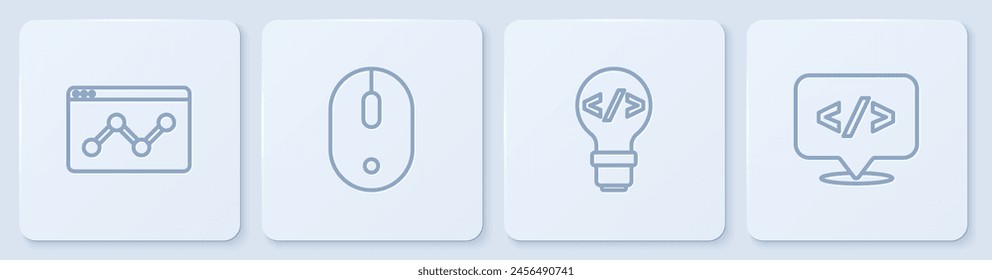 Set line Website statistic, Front end development, Computer mouse and . White square button. Vector