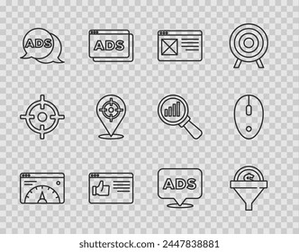 Set line Website statistic, Lead management, Browser window, Advertising, Target sport,  and Computer mouse icon. Vector