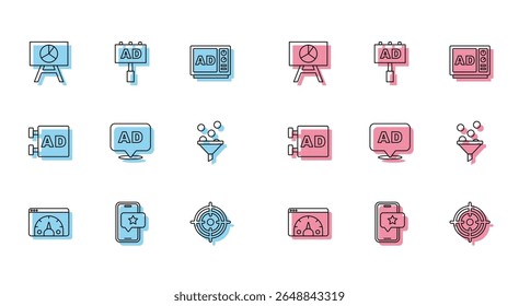 Set line Website statistic, Mobile with review rating, Board graph chart, Target, Advertising, Lead management,  and  icon. Vector