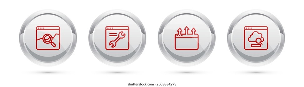 Set line Website with stocks market, Browser setting, window and Cloud technology data transfer. Silver circle button. Vector