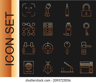 Set line Website template, Door handle, Old key, Bullet, Server, Data, Hosting, Graphic password protection, Face recognition and Pepper spray icon. Vector
