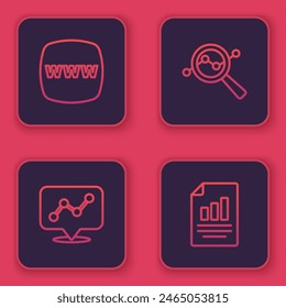 Set line Website template, Graph chart infographic, Search data analysis and Document with. Blue square button. Vector