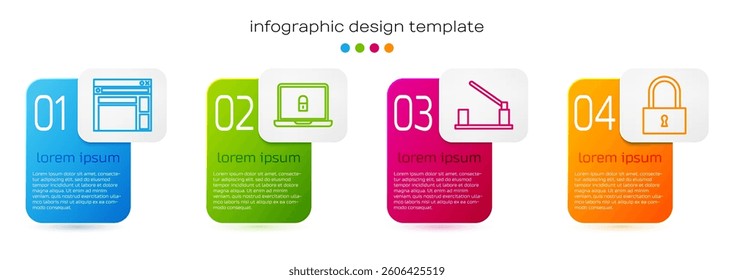 Set line Website template, Laptop and lock, Parking car barrier and Lock. Business infographic template. Vector