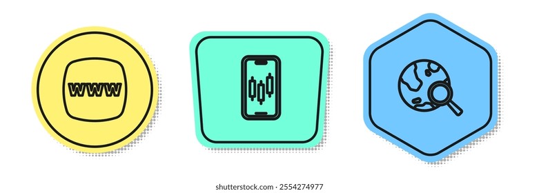 Set line Website template, Mobile stock trading and Search globe. Colored shapes. Vector
