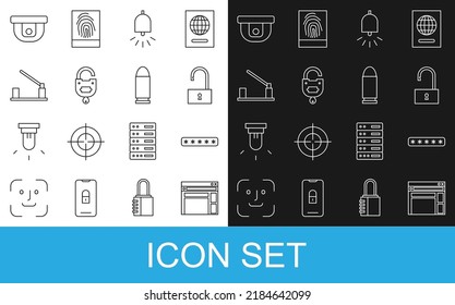Fijar la plantilla de sitio web de línea, protección de contraseña, Apertura de candado, campana de alarma, cerradura y llave, barrera de estacionamiento, sensor de movimiento e icono de bala. Vector