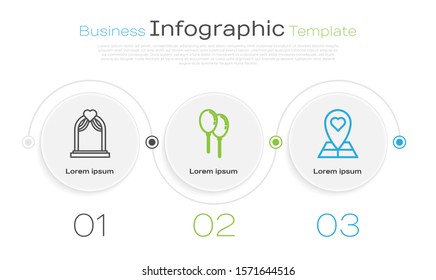 Set line Wedding arch, Balloons with ribbon and Map pointer with heart. Business infographic template. Vector