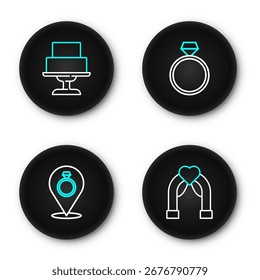 Conjunto de arco de Boda de línea, anillos, compromiso de diamante e icono de pastel. Vector
