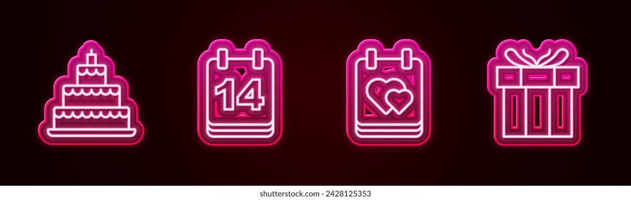 Set line Wedding cake, Calendar with February 14, heart and Gift box. Glowing neon icon. Vector