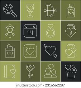 Set line Wedding cake, Dating app online mobile, Castle the shape of heart, Bow and arrow, Calendar with February 14, Amour, Search love and rings icon. Vector