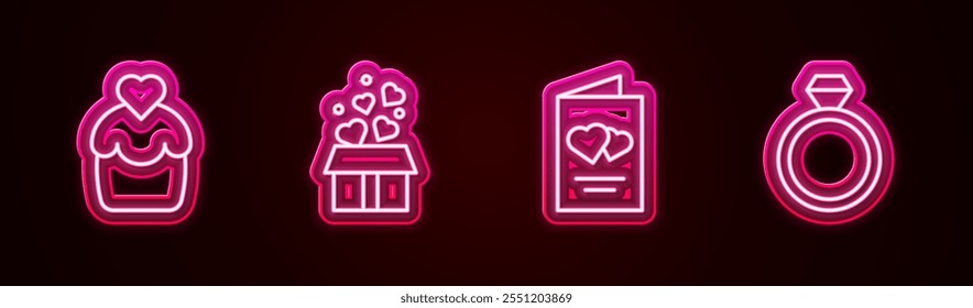 Set line Wedding cake, Gift box with hearts, Valentines day flyer and rings. Glowing neon icon. Vector