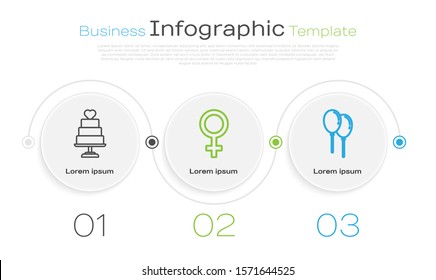 Set line Wedding cake with heart, Female gender symbol and Balloons with ribbon. Business infographic template. Vector